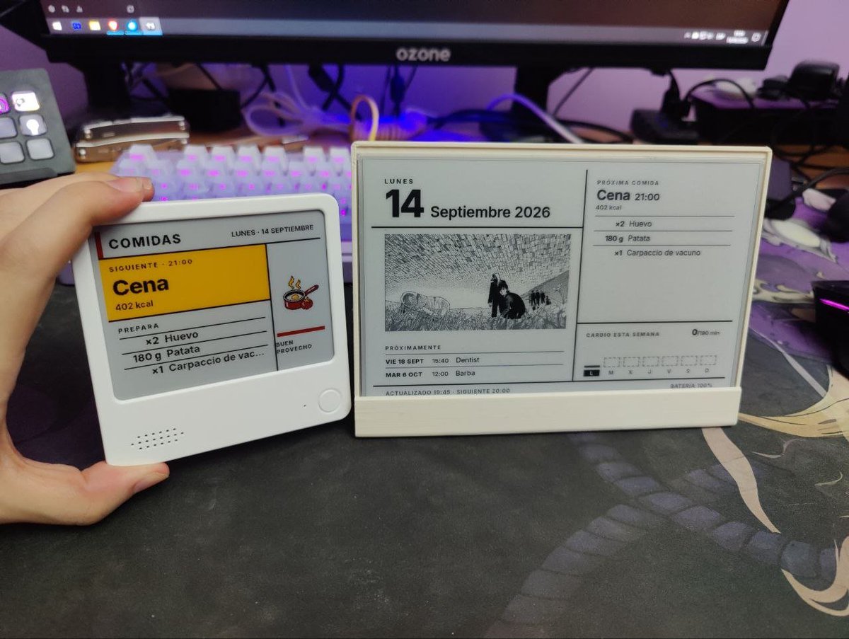 Two displays in a kitchen; NOTE4C on the left shows the author's custom meal board