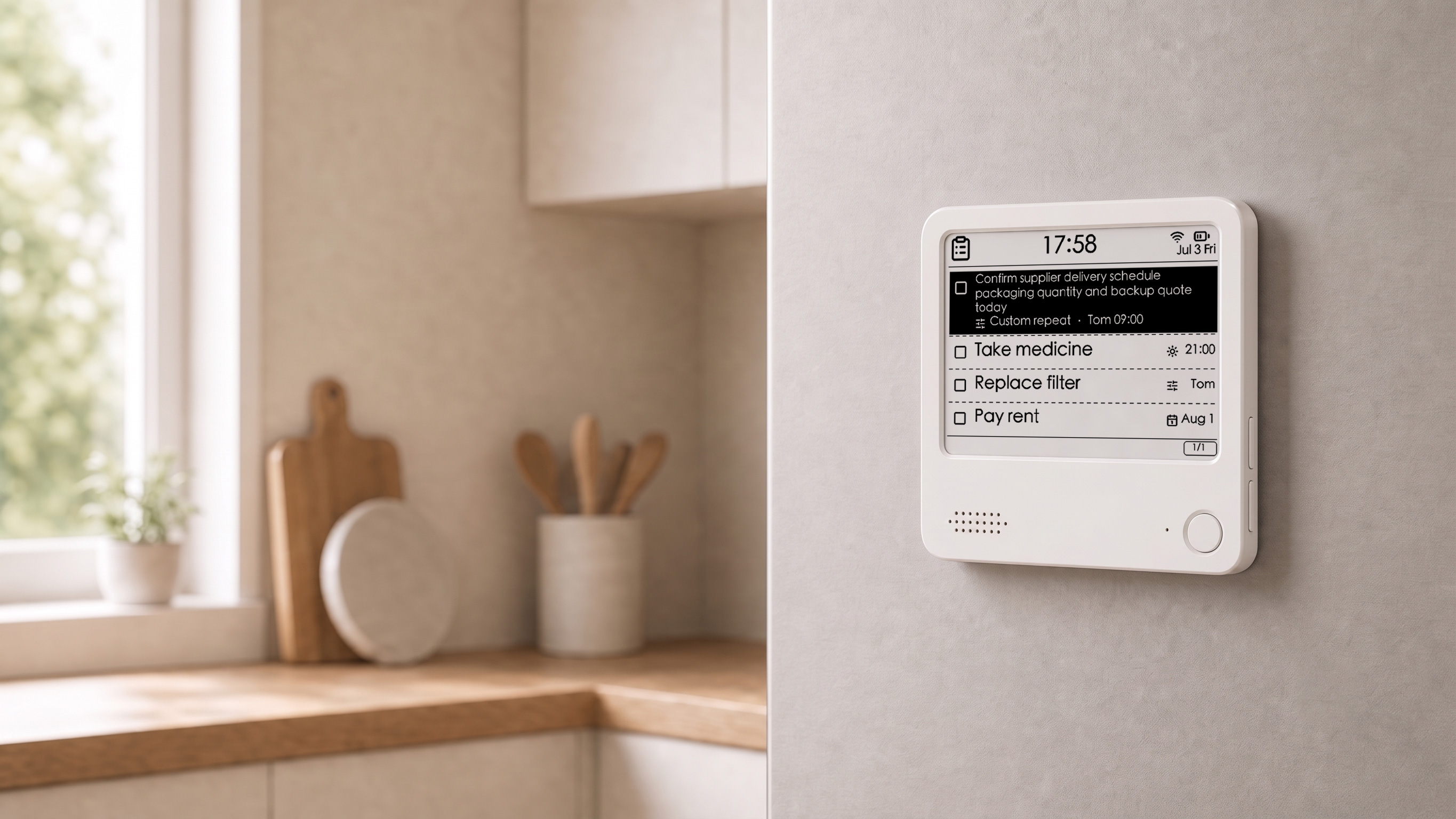 A white ZECTRIX NOTE4 mounted on a modern kitchen wall, displaying a task list