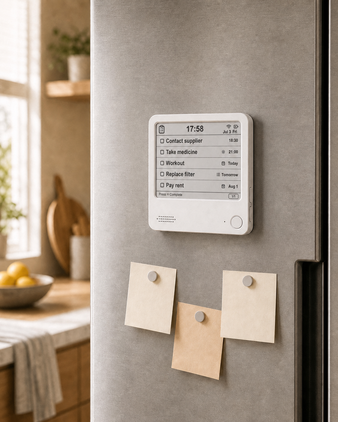 NOTE4 mounted on a fridge for family reminders