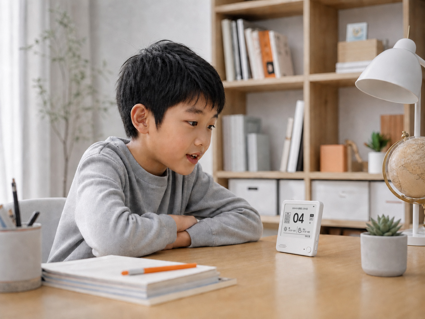 学生在书桌前使用 ZECTRIX NOTE4 番茄钟保持专注