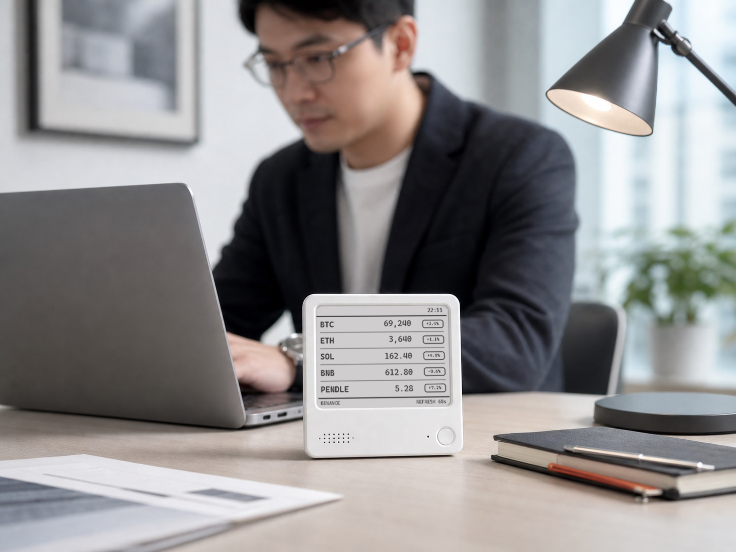 办公桌上的 ZECTRIX NOTE4 自定义行情模板显示场景